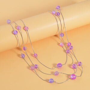 Purple Magic Color Glass 3 Row Station Necklace 20-22 Inches in Silvertone
